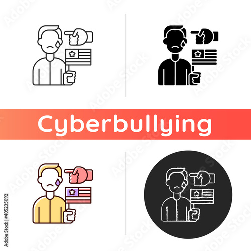 Political cyberbullying icon. Offensive comment. Victim of discrimination. Shaming for politics. Cyberharassment and online hate. Linear black and RGB color styles. Isolated vector illustrations