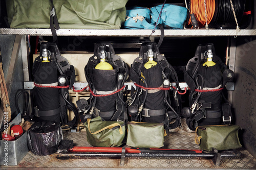 Oxygen balloons. Close up view of firefighter's equipment that is inside of the truck
