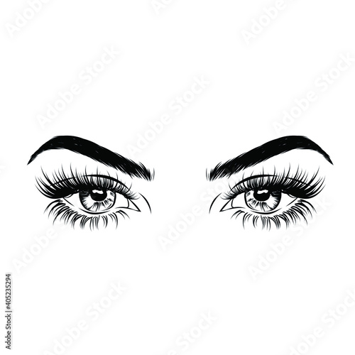 Sleek fashion illustration of the eye with luxe makeup and natural eyebrow. Hand drawn vector idea for business visit cards, templates, web, salon banners,brochures. Microblading visit card