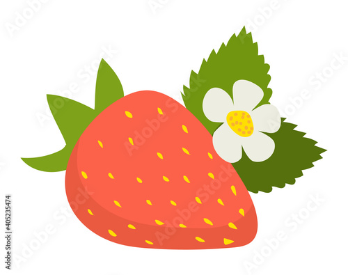 Concept strawberry icon with green leaf, wild flower sweet delicious red fruit flat vector illustration, isolated on white. Collect ecology organic berry, vegetarian forest foodstuff.