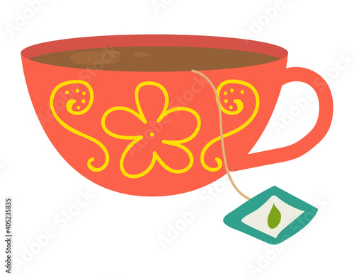 Cup sheet tea icon with delicious england drink, mug bag label, concept flat vector illustration, isolated on white. Painted glass red service, asian tearoom green leafy drink brew tea.