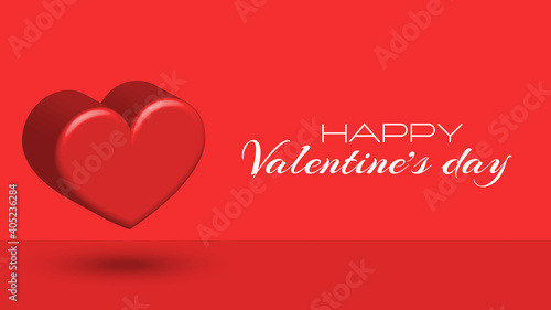 Happy Valentines day festive 3d scene for greeting card with text, composition of levitating 3d heart with shadow on red background.