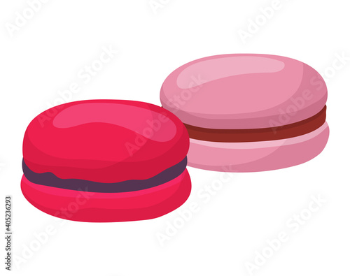 Concept european foodstuff macaroon icon, flour confectionery product cookie flat vector illustration, isolated on white. Food for tea service, tasty sweet treat biscuit stuff and baking.