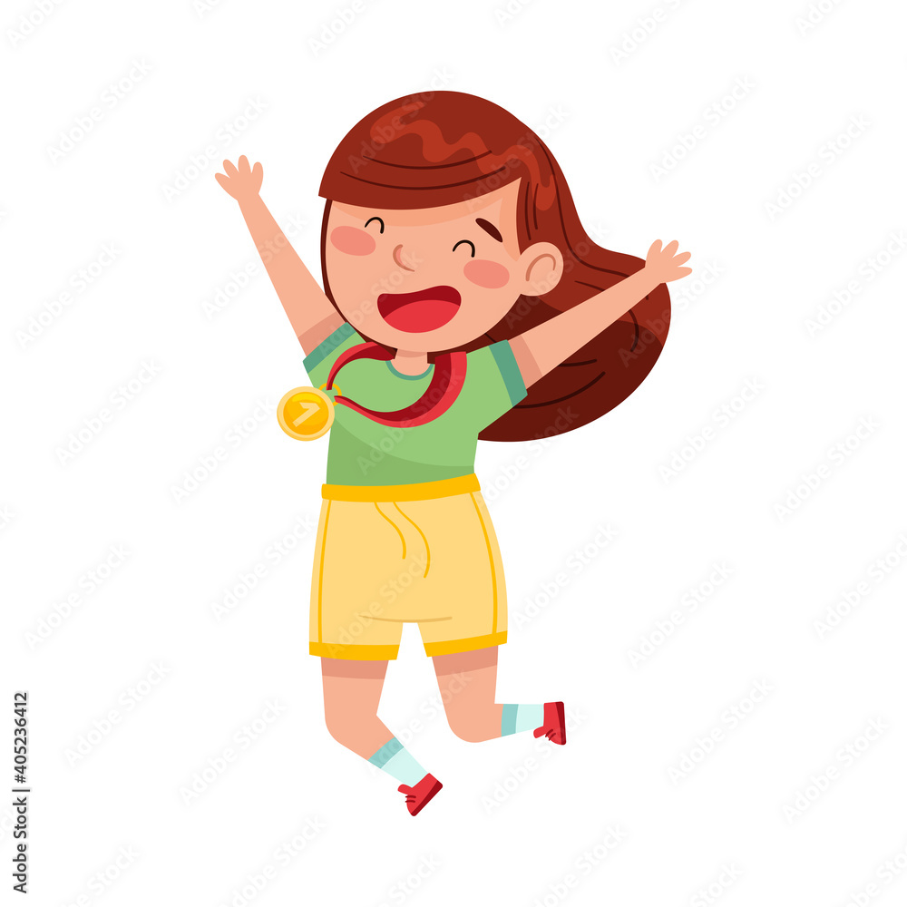 Cute Jumping Girl Winner with Gold Medal Hanging on Her Neck Vector Illustration Cute Jumping Girl Winner with Gold Medal Hanging on Her Neck Vector Illustration