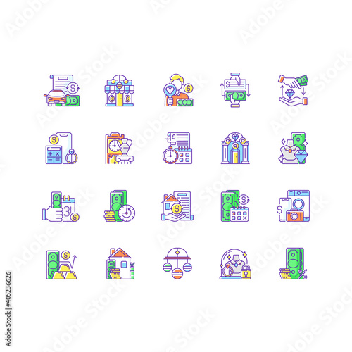 Pawn shop RGB color icons set. Vehicle title loan. Paid check cashing. High-quality items. Price calculation. Repayment terms. Pawn symbol. Antique furniture. Time limit. Isolated vector illustrations