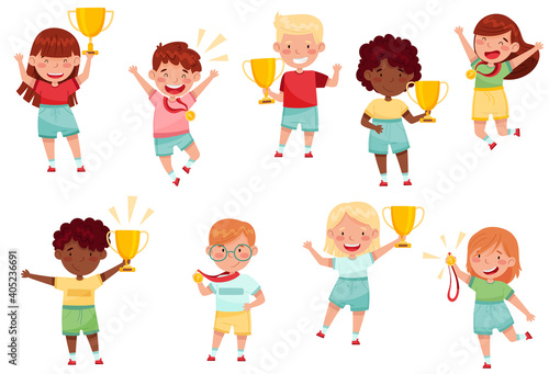 Cute Little Boy and Girl with Gold Medal and Cup as Achievement Award Vector Set