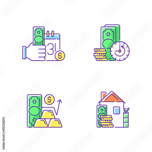 Hockshop RGB color icons set. Payday loan. Extension. Gold price. Down payment. Short-term borrowing. Skipping certain immediate payments. Calculating market value. Isolated vector illustrations