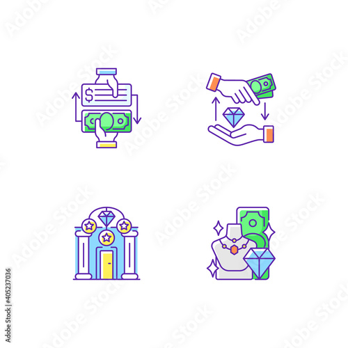 Popshop RGB color icons set. Paid check cashing. Money loan. Upscale pawnshops. Product valuable. Cashing checks without bank account. High-end collateral lender. Isolated vector illustrations