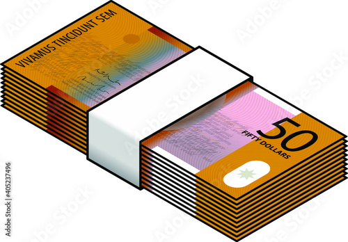 A bundle of colourful $50 bank notes / paper / polymer money.