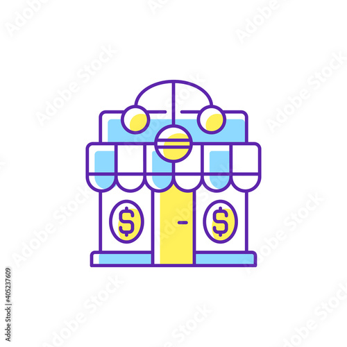 Pawnshop RGB color icon. Loaning money business. Collateral-based loans. Reselling retail items. Leaving personal property items. Paying interest on loan. Isolated vector illustration