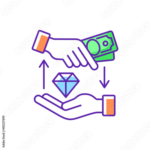 Money loan RGB color icon. Borrowing cash. Financial aid. Lending money at interest. Receiving funds secured by property. Loan principal amount plus interest repayment. Isolated vector illustration
