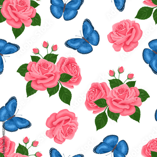 Blue butterflies and pink rose flowers seamless pattern. Floral background. Vector illustration in cartoon flat style.