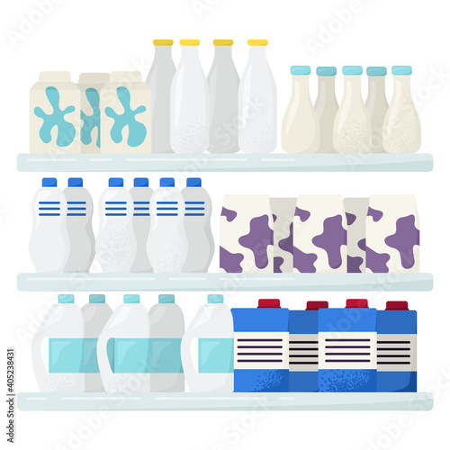 Market milk shop shelf, fresh homemade whole lactic drink, food shop flat vector illustration, isolated on white. Concept foodstuff product item, packaged whole lotion, rustic dairy beverage.
