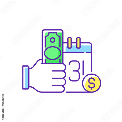 Payday loan RGB color icon. Short-term borrowing. Cash advance. Extending high interest credit. Securing by borrower next paycheck. Lending money at high interest rate. Isolated vector illustration