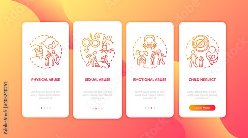 Children abuse red onboarding mobile app page screen with concepts. Kid harassment. Child neglect walkthrough 4 steps graphic instructions. UI vector template with RGB color illustrations