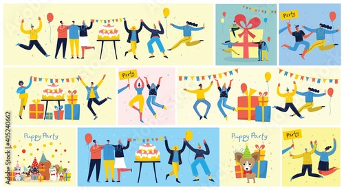 Party background. Happy group of people jumping on a bright background. The concept of friendship, healthy lifestyle, success. Vector illustration
