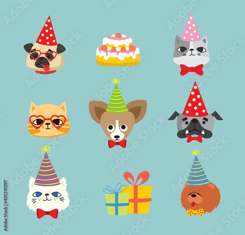 Puppy party background. Cute greeting card with presents, dogs, cats and puppies