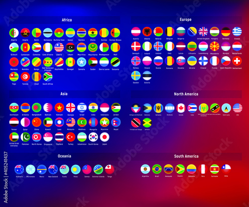Flags of many countries round shape. Isolated on colored background. Vector eps 10.