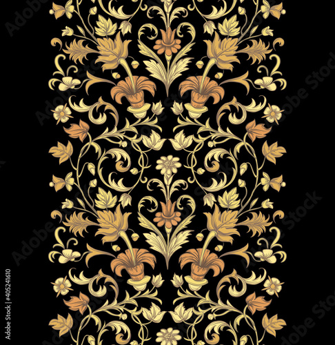Print with gold flowers and leaves on a black background. Vintage vector ornament. 