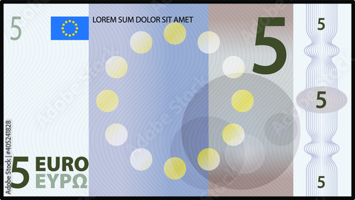 A stylized iconic colourful 5 Euro bank note / paper money.