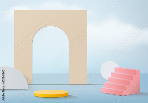 Podium 3d abstract minimal scene with geometric platform. cylinder background vector 3d rendering with podium. stand for cosmetic products. Stage Showcase on pedestal modern 3d studio blue pastel