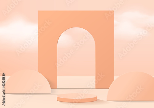 Podium 3d abstract minimal scene with geometric platform. cylinder background vector 3d rendering with podium. stand for cosmetic products. Stage Showcase on pedestal modern 3d studio orange pastel