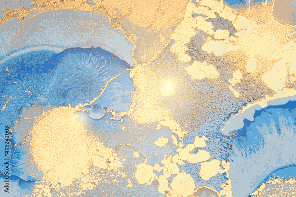 Blue and gold pattern with texture of geode and sparkles. Abstract vector background in alcohol ink technique. Modern paint with glitter. Template for banner, poster design. Fluid art painting