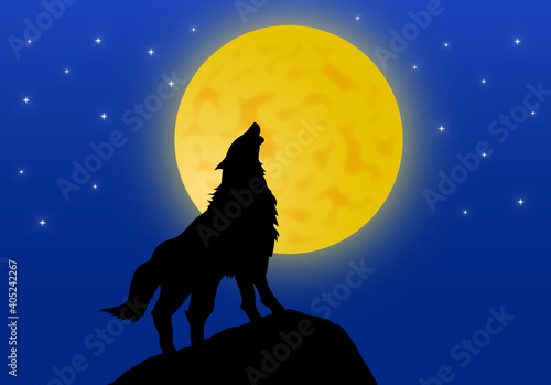 Wolf howling on top of the hill with full moon