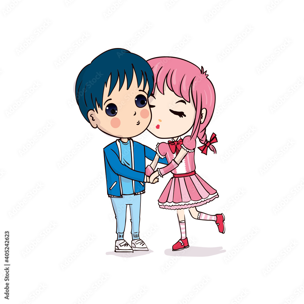 Pretty girl kisses the boy. Kawaii chibi Valentine's Day. Pretty girl kisses the boy. Kawaii chibi Valentine's Day.