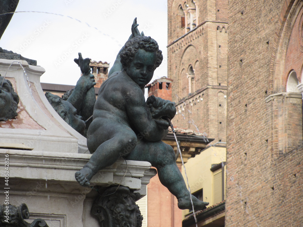 Naklejka premium Closeup of putto adorning the fountain of Neptune in Piazza del Nettuno next to Piazza Maggiore, Bologna Italy