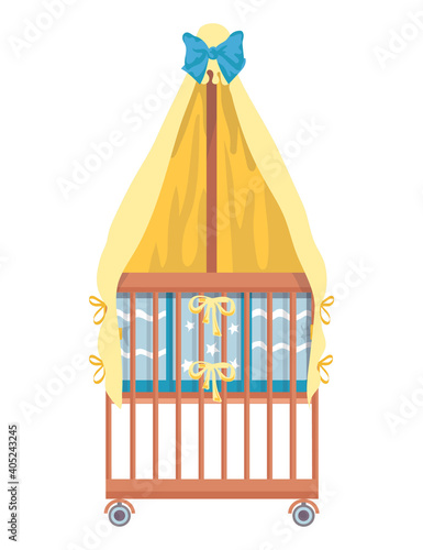 Children home bed with cloth canopy, concept child comfortable furniture, kid infant bedstead flat vector illustration, isolated on white. Design cozy homemade cot, newborn baby relax place.