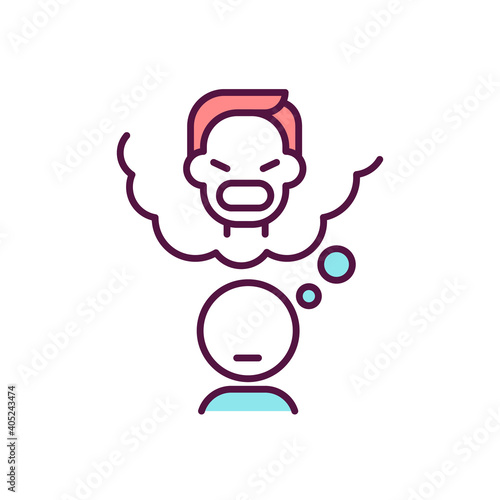 Upset child think of angry parent RGB color icon. Emotional abuse at home. Kid with psychological trauma. Mental health problem from domestic violence. Isolated vector illustration