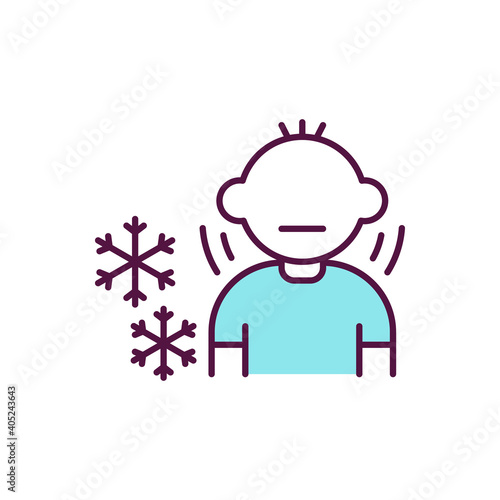 Child in inappropriate clothes for winter RGB color icon. Cold weather. Young boy shivering. Low temperature. Parental neglect sign. Kids welfare and wellbeing. Isolated vector illustration