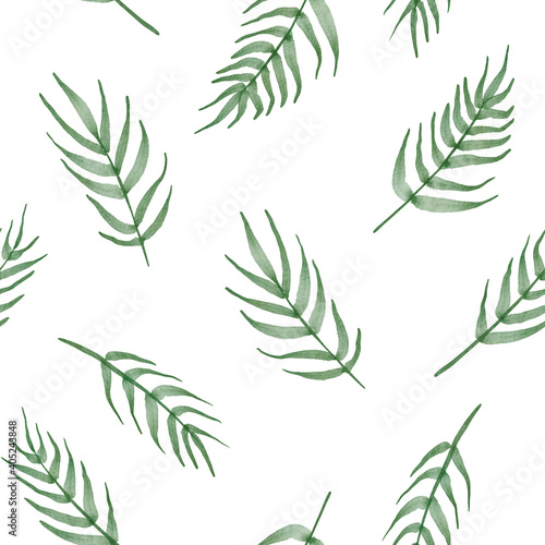 Tropical leaves watercolour seamless pattern on white background - for fabric, wrapping, textile, wallpaper, background.