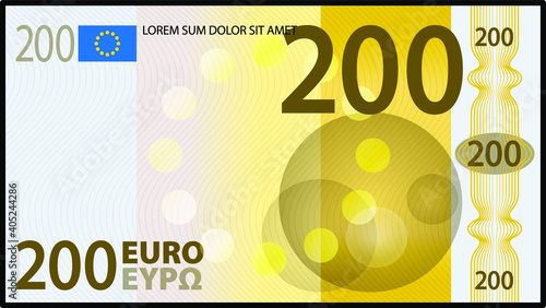 A stylized iconic colourful 200 Euro bank note / paper money.