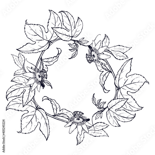 A wreath of leaves and branches of passion fruit.