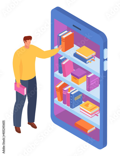 Man hold book standing vending volume machine, erudite male buy online store journal isometric 3d vector illustration, isolated on white. Concept modern technology internet shopping.