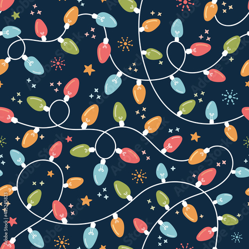 Holiday Christmas and New Year String Colorful Fairy Lights on Dark Background Vector Seamless Pattern. Winter Holiday Print.