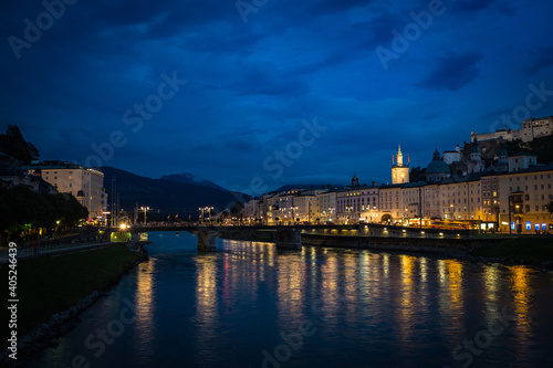 Salzburg Austria at nite along the banks of the Salzach river