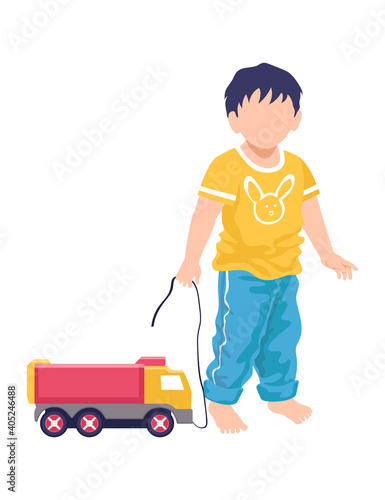 Little cheerful boy standing hold leash truck toy, children kid play lorry plaything cartoon vector illustration, isolated on white. Concept modern child car bauble, game funny time spend.