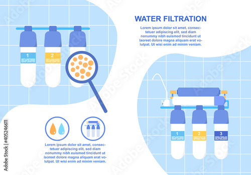 Close up process of water filtration. Concept of filtration system purifier to make water clean and tasty. Website, web page, landing page template. Flat cartoon vector illustration