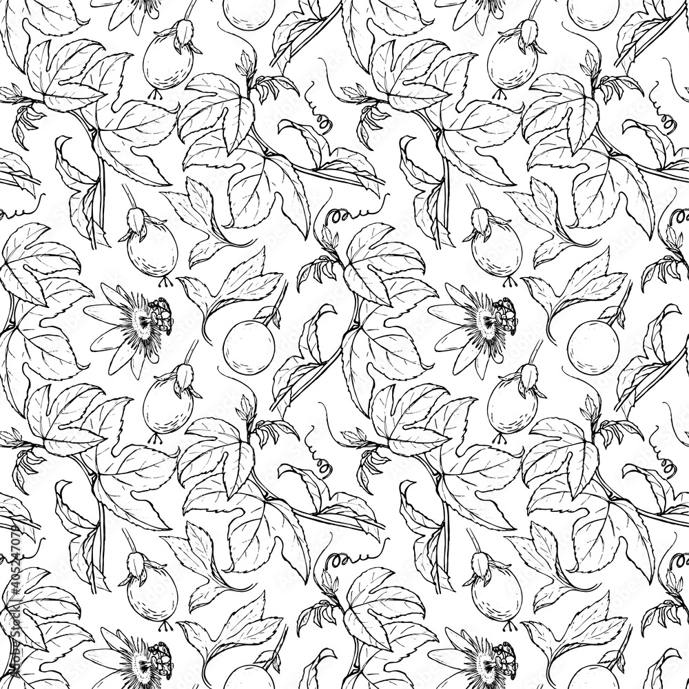 Fototapeta premium Seamless pattern with sketches of branches and passionfruit.