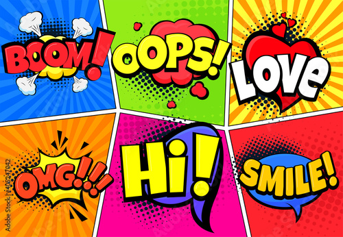 Retro comic splashes, explosions, exclamations. Vector illustration