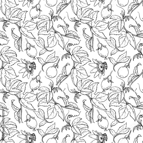 Seamless pattern with sketches of branches and passionfruit.