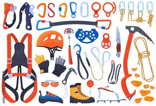 Set of equipment for climbing, climbers. Insurance, carbines, ice ax. Helmet, boots, claws, gloves. Extreme sports. Vector illustration