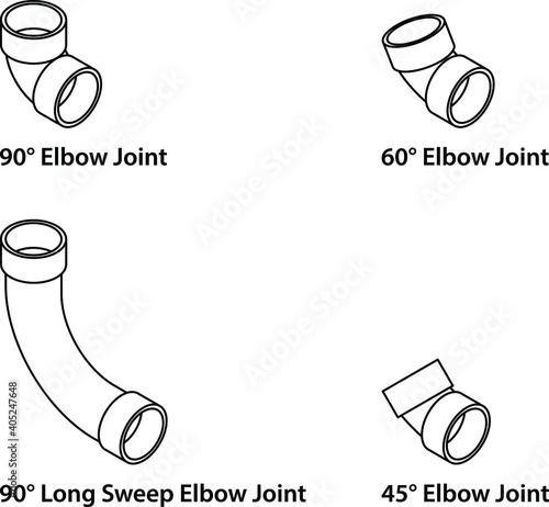 PVC pipe fittings: a selection of elbow joints. Line version.