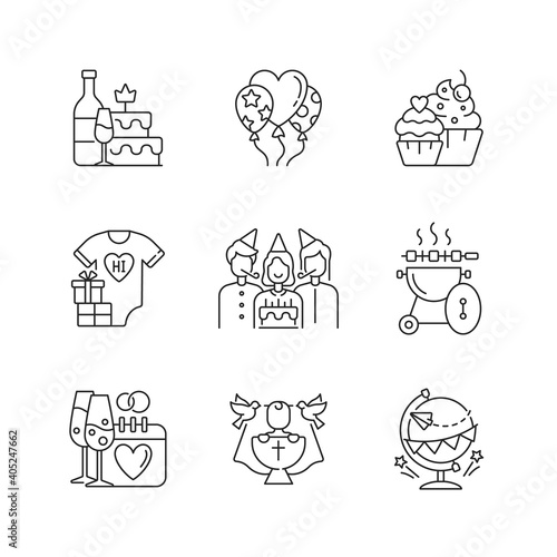 Party celebration linear icons set. Balloons for decoration. Cupcakes, muffins. Baby shower. Customizable thin line contour symbols. Isolated vector outline illustrations. Editable stroke