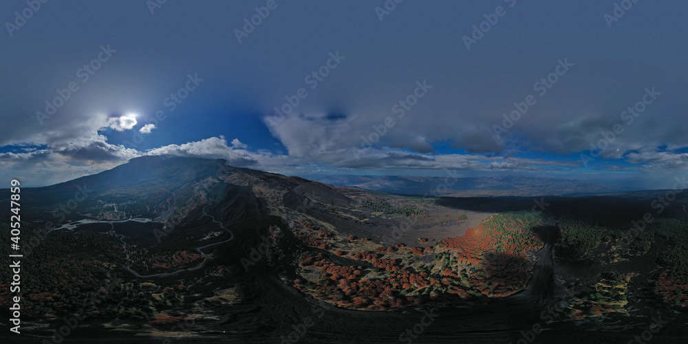 360 degree virtual reality panoramic view of the Etna volcano surrounded by woods, lava flows and secondary craters in autumn. Sicily Italy.
