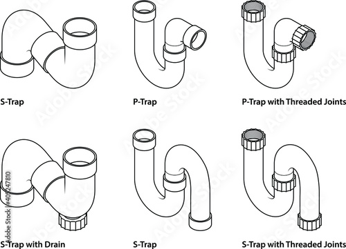 PVC pipe fittings: a selection of P and S traps. Line version.