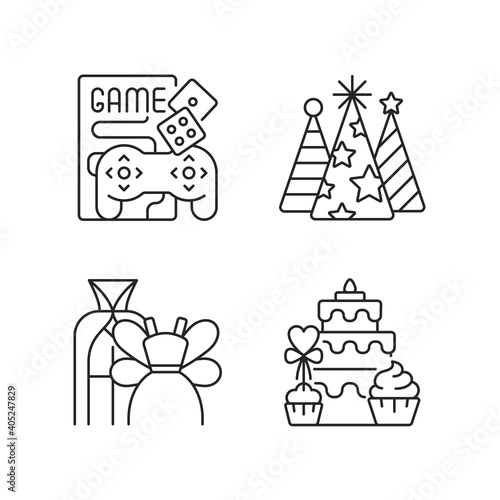 Friends and family gathering party linear icons set. Game night with videogames, boardgames. Customizable thin line contour symbols. Isolated vector outline illustrations. Editable stroke